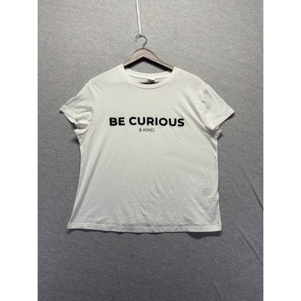 H&M Be Curious & Kind Graphic T Shirt Womens Medium White Embellishments Cotton